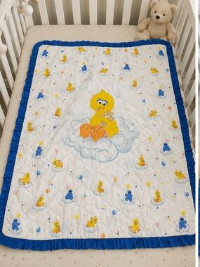 Vintage 1980s Sesame Street Big Bird Cookie Monster Handmade Baby Quilt